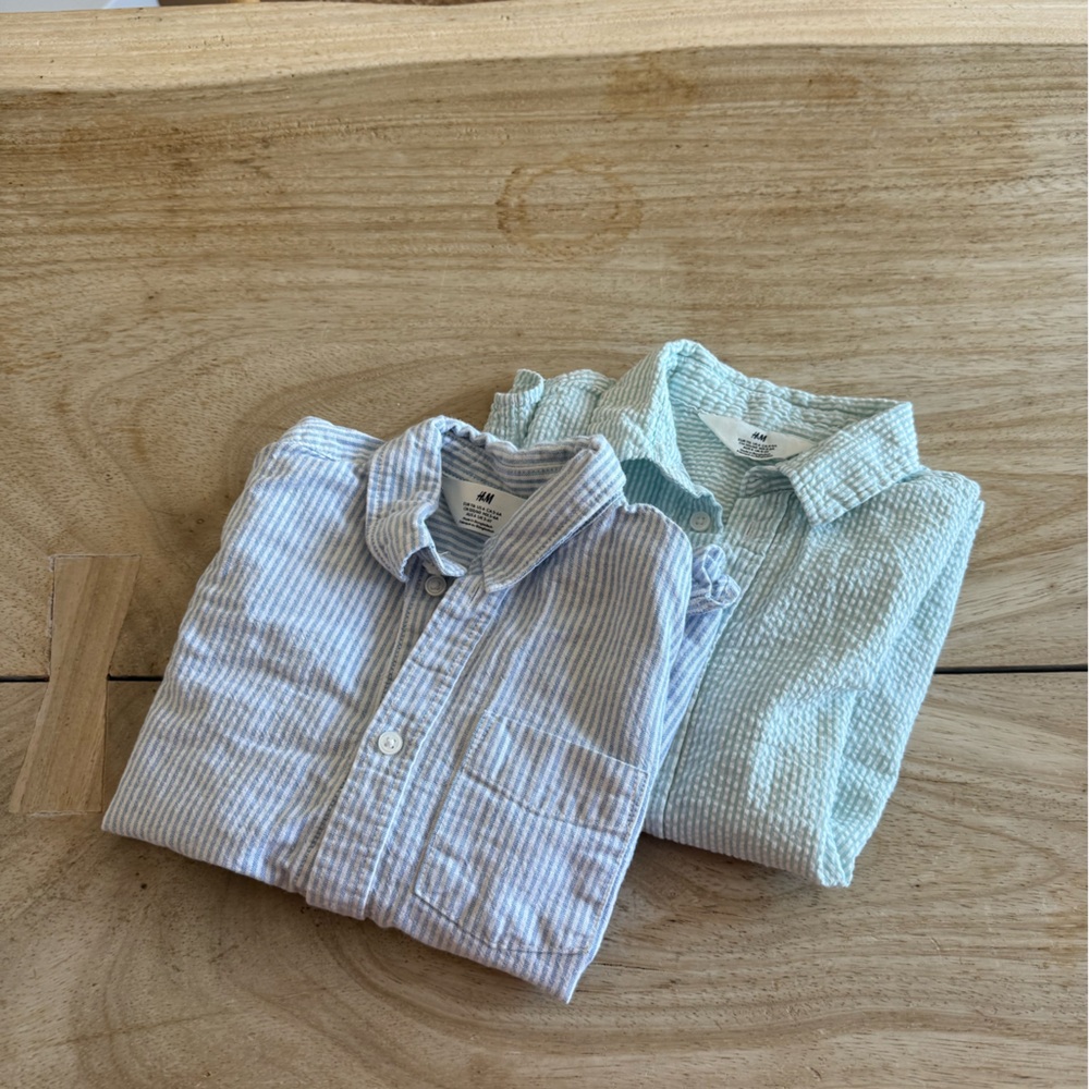 H&M boy’s button down preppy shirts bundle Light Blue and light green striped 6Y